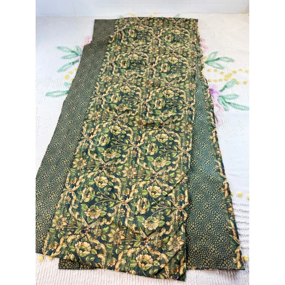 Vintage Floral Tapestry Window Treatment Set 5pc Green Gold Valance Tier Panels
